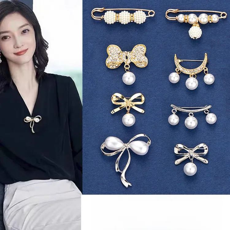 锌合金仿珍珠胸针 防走光胸针女蝴蝶结珍珠收腰别针领口缩小神器