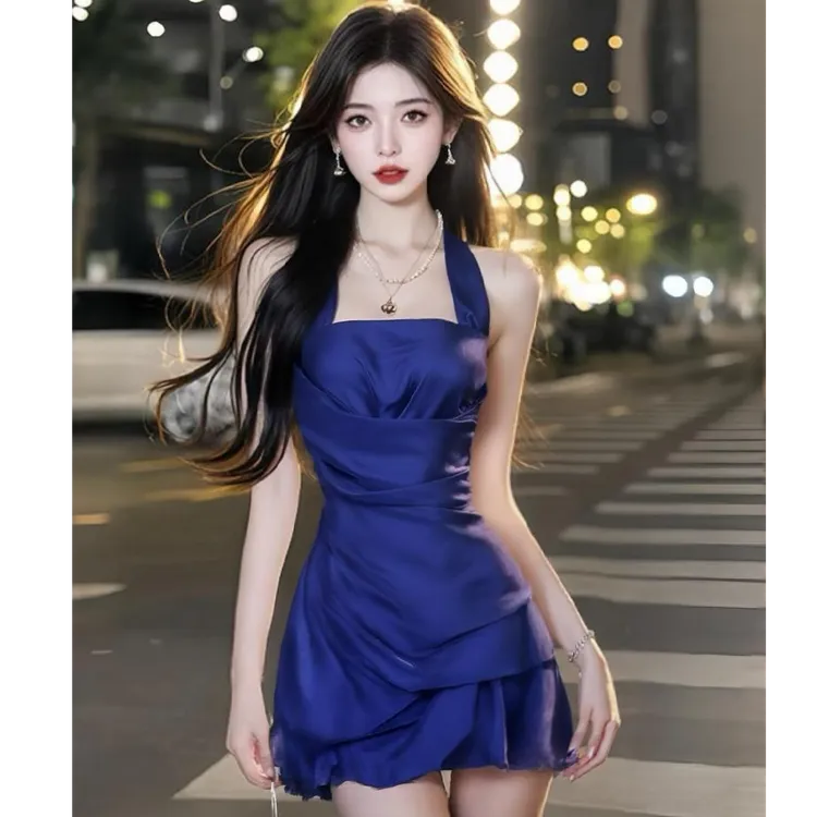 宝石蓝超显瘦性感小众设计感新款辣妹风连衣裙时尚甜美温柔夏季