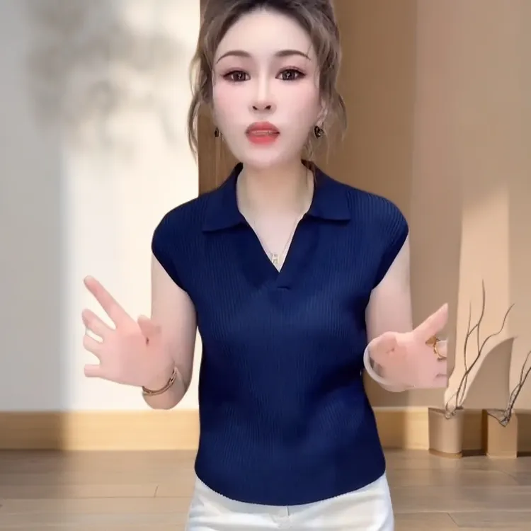 薄款冰丝针织衫女2025年夏季新款Polo领修身短袖T恤显瘦凉感上衣
