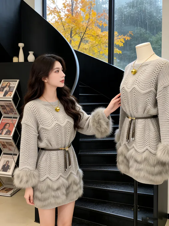 巨好看冬装流行特别漂亮掐腰高级感灰色小香风富家千金针织连衣裙