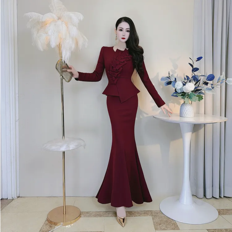 高级感名媛气质优雅秋冬鱼尾长裙修身显瘦荷叶边遮肚子长袖连衣裙