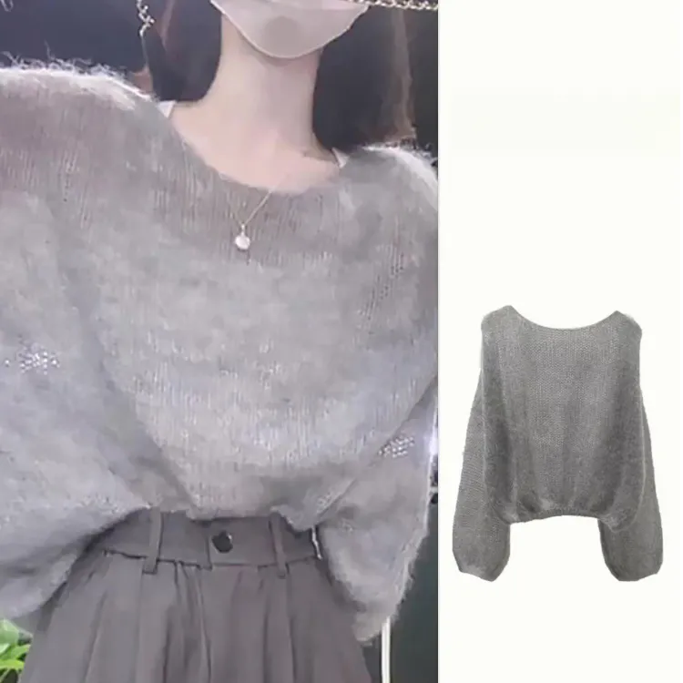 灰色圆领套头软糯马海毛毛衣女秋冬季宽松慵懒风高级感针织衫上衣