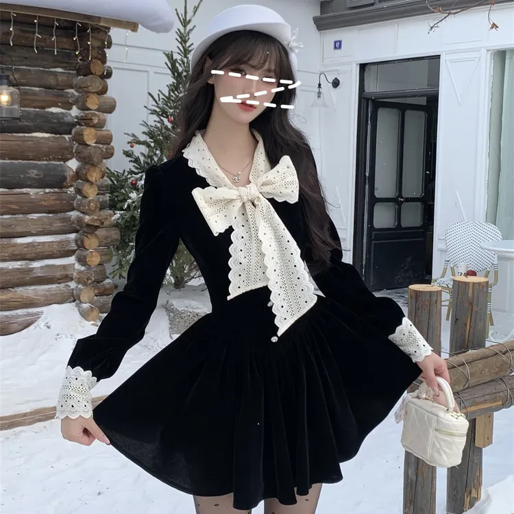 【现货】松露黑巧 复古法式小香黑色丝绒连衣裙女蕾丝拼接公主裙