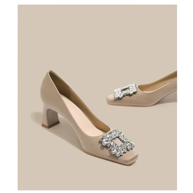 meichen/美晨法式绸缎粗跟高跟鞋女2025新款职业鞋水钻方头单鞋