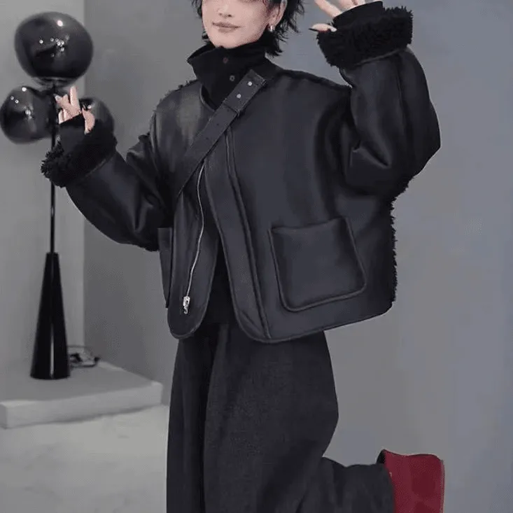 双面穿保暖长袖简约通勤厚款圆领短外套短款宽松