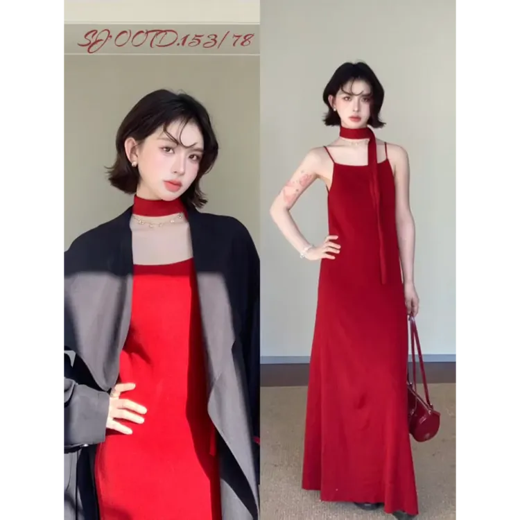MARIE.COCO高级感中长款风衣外套女针织连衣裙气质修身吊带裙套装