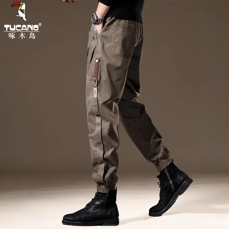 啄木鸟高端美式复古拼接休闲工装裤子男冬季加绒宽松束脚休闲长裤