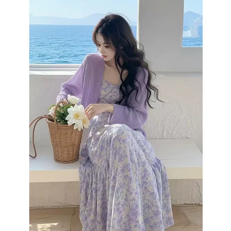 紫色碎花套装裙2025超火春装小香风高级感独特超好看漂亮两件套女