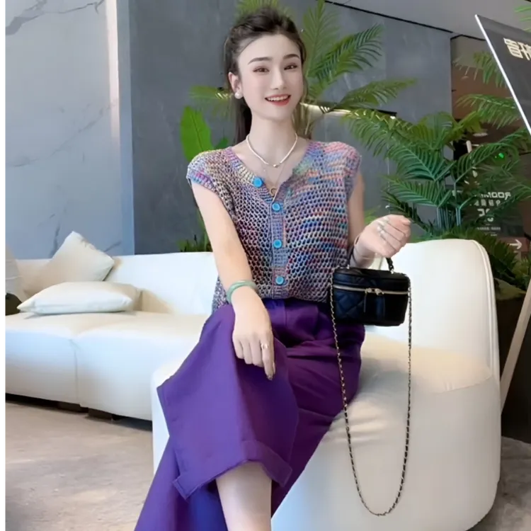 今年流行漂亮的洋气时尚减龄小香风超好看针织短袖阔腿裤套装夏季