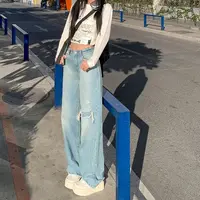 偶句美式浅蓝 破洞流苏宽松美式高街牛仔裤复古直筒阔腿裤