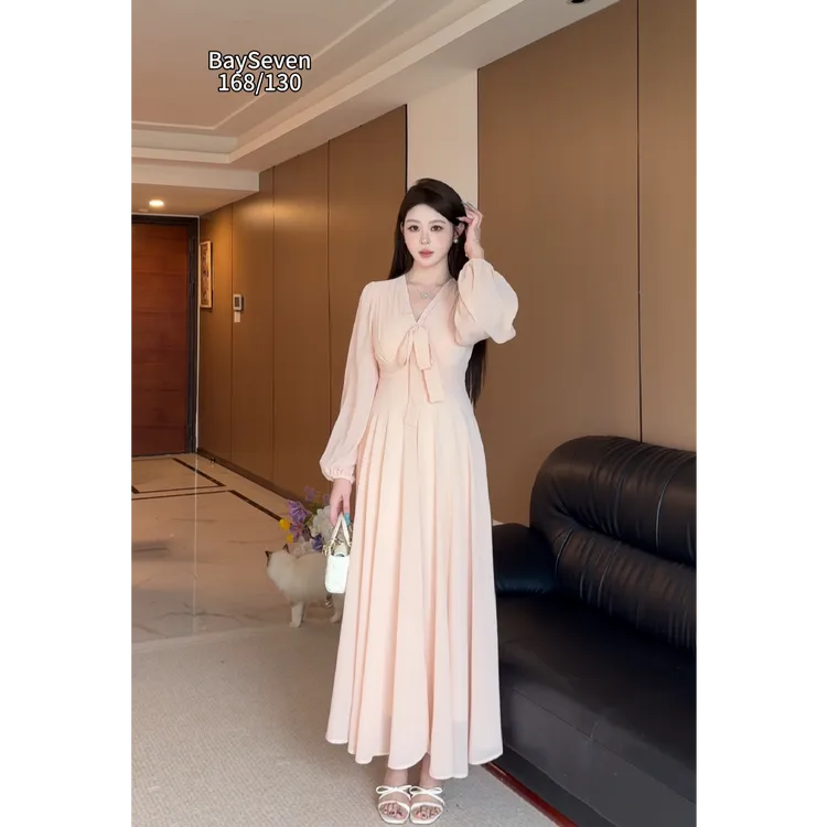 大码女装法式复古气质粉色连衣裙v领蝴蝶结绑带长裙12764