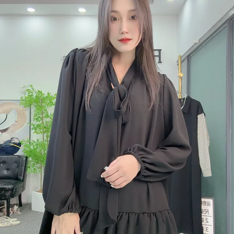 欧货 早秋重工飘带设计时尚百搭连衣裙长袖休闲气质显瘦宽松黑色