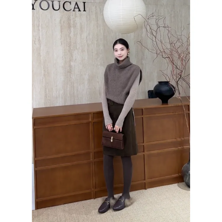 INS CEC法式轻奢风高领针织背心内搭打底上衣复古半身裙女套装