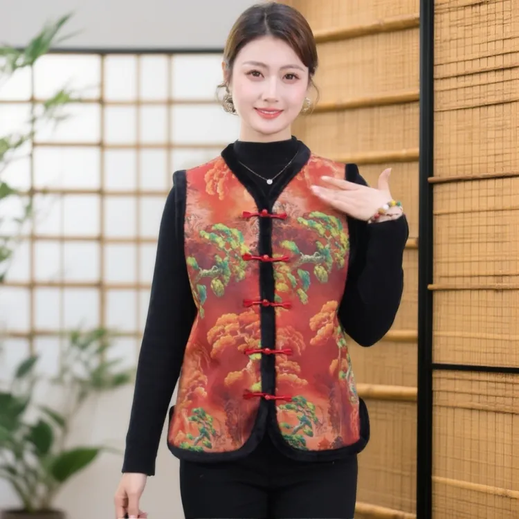 2025秋冬款女款马甲新款绣花复古新中式国风加绒加厚妈妈上衣百搭