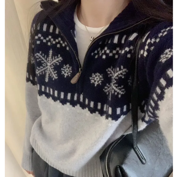 {旋转木马}东大门韩系费尔岛半拉链针织翻领立领羊绒复古宽松毛衣