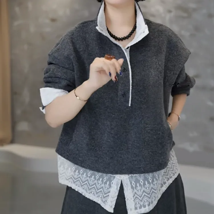 闹闹设计感蕾丝拼接厚款假两件卫衣2025冬季新款女款百搭长袖上衣