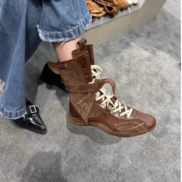 复古内增高马丁靴女棕色拳击靴磨砂皮圆头系带运动靴短靴潮流百搭
