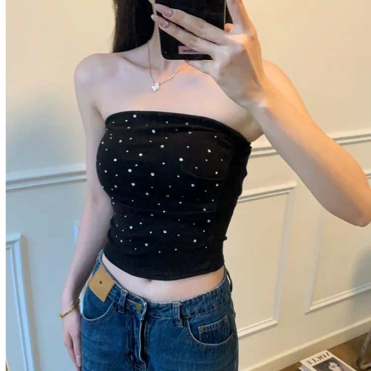 黑色抹胸女夏季气质烫钻性感辣妹修身显瘦紧身百搭短款露肩上衣