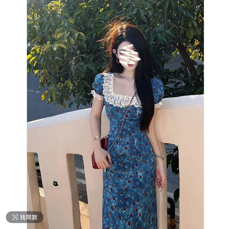 2025夏季新款连衣裙法式气质泡泡袖花边收腰显瘦中长款碎花裙子女