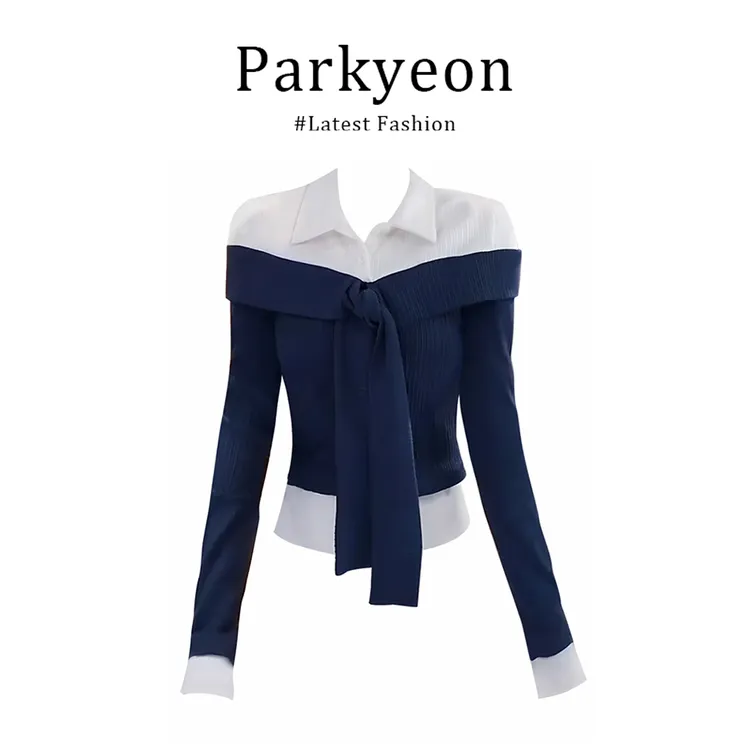 parkyeon减龄假两件撞色拼接坑条肌理感上衣女秋季显瘦修身打底衫