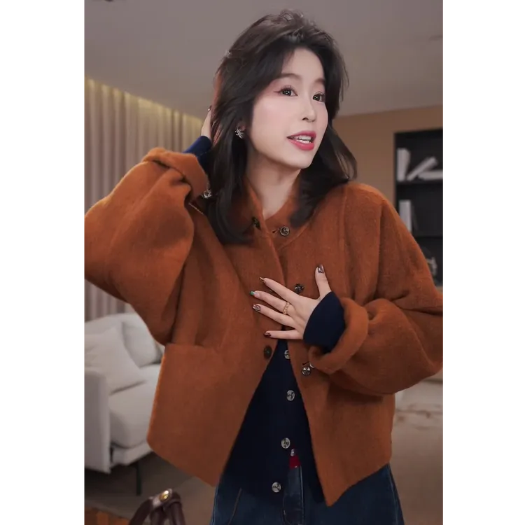 广州琴姐【廓影摩登】慵懒风羊毛羊驼绒短款毛呢外套女秋冬款 86828