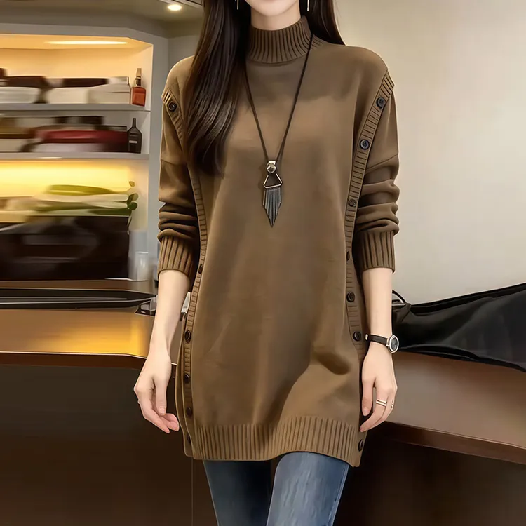 半高领套头针织连衣裙2025秋冬季新款时尚宽松韩版遮肚减龄毛衣裙