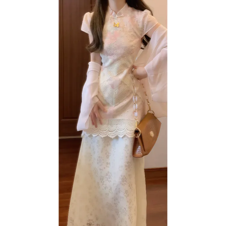 【月华绣影】新中式国风假两件印花改良旗袍蕾丝拼镂空气质长裙9321