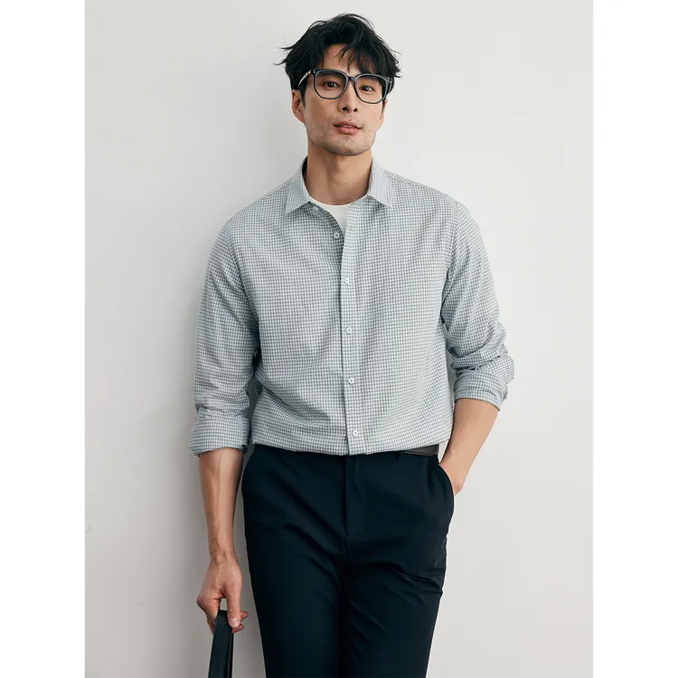 2025春季新款免烫衬衫男高级感薄款亚麻商务休闲格子修身长袖衬衣