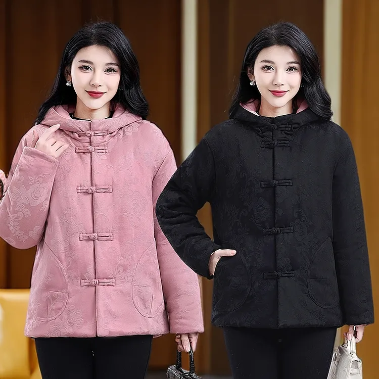 新款新疆长绒棉连帽棉袄保暖加厚棉服冬季大码新中式花棉袄