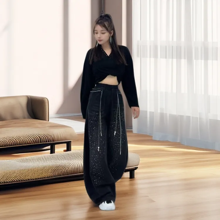 街舞潮牌牛仔烫钻双抽绳牛仔裤阔腿弯刀裤男女同款跳舞运动长裤