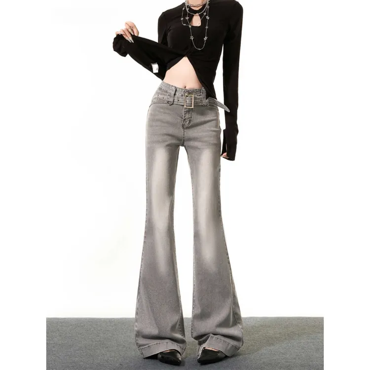 【清仓+运费险】美式做旧灰色微喇牛仔裤女秋季修身显瘦弹力喇叭裤