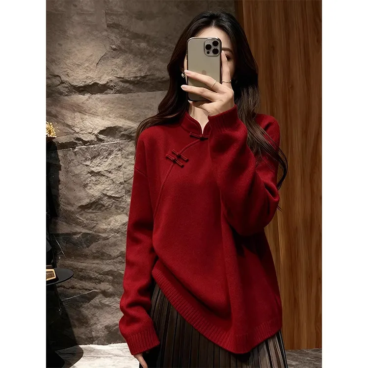 新中式红色斜襟盘扣毛衣2025冬季新款女中国风洋气针织衫外穿内搭