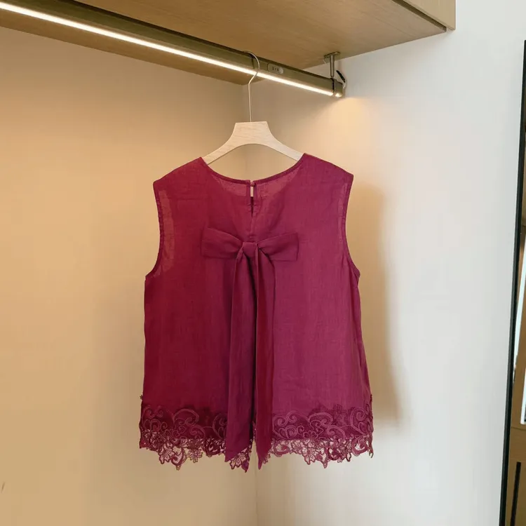 蝴蝶结设计感花边下摆无袖气质上衣2025夏季薄款宽松圆领正肩上衣