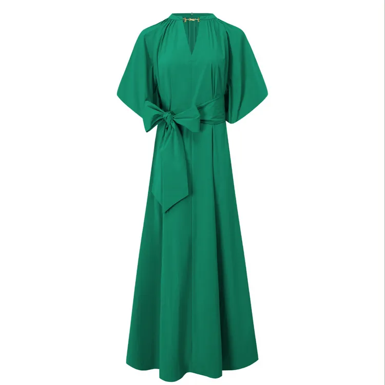 芈莱尤优——新款【绯韵韶华】V领花苞袖连衣裙L25-5330