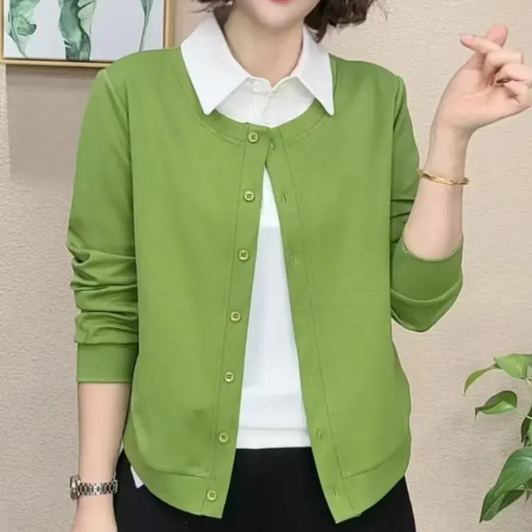春季新款时尚假两件长袖衬衫气质百搭显瘦减龄设计感宽松纯色上衣