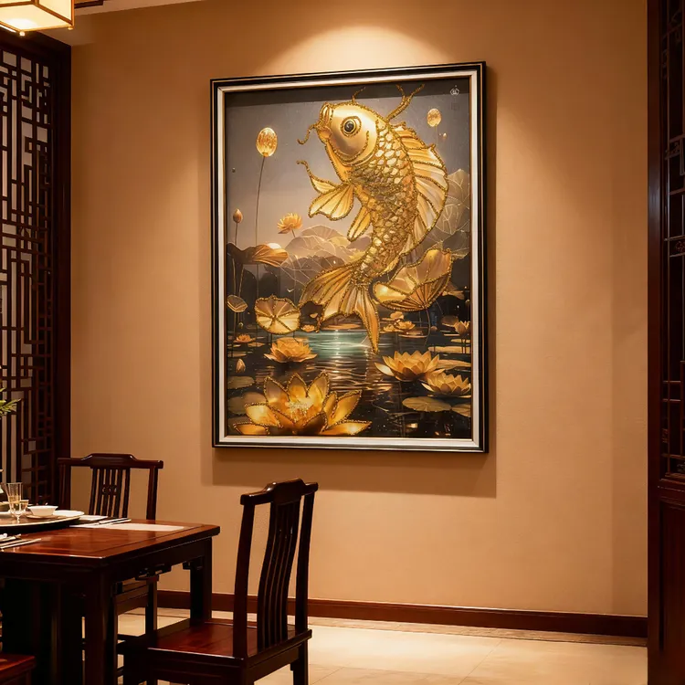 Q21金鲤金莲花入户装饰画餐厅客厅钢化玻璃走廊卧室实物画玄关