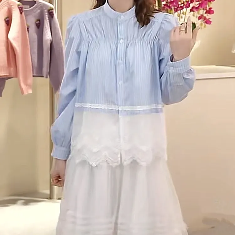 拼接下摆蕾丝衬衫2025春季新款法式高级感设计感气质褶皱时尚衬衣