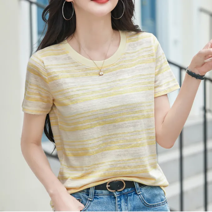 韩版雪花竹节棉条纹短袖t恤女款夏爆款宽松显瘦洋气百搭气质上衣