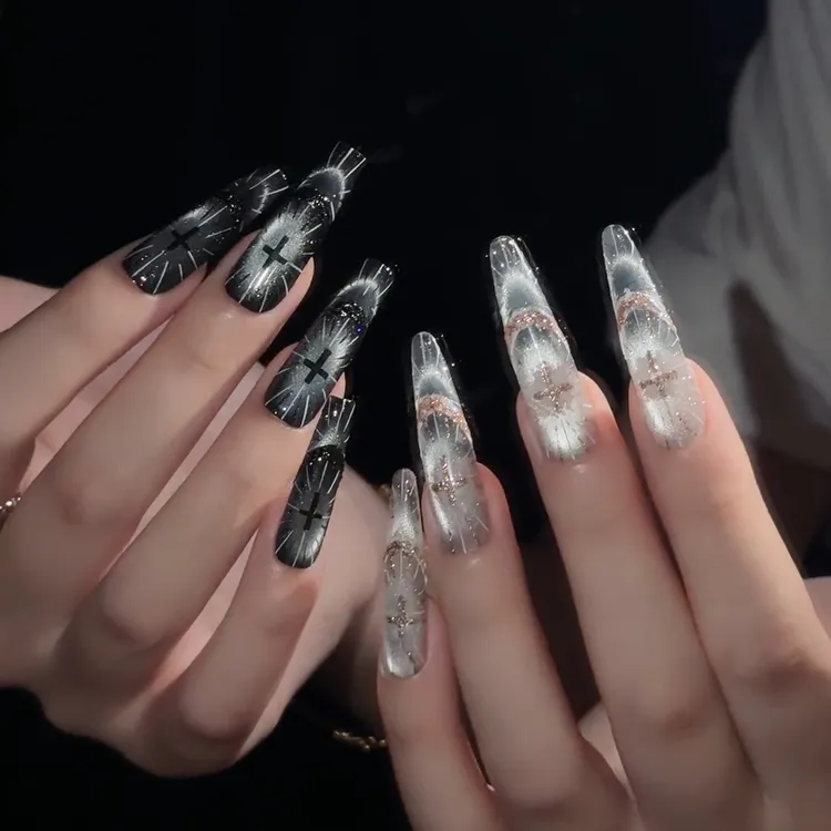 神谕圣光穿戴甲长款法式暗黑十字架设计猫眼美甲穿戴甲片高级显白