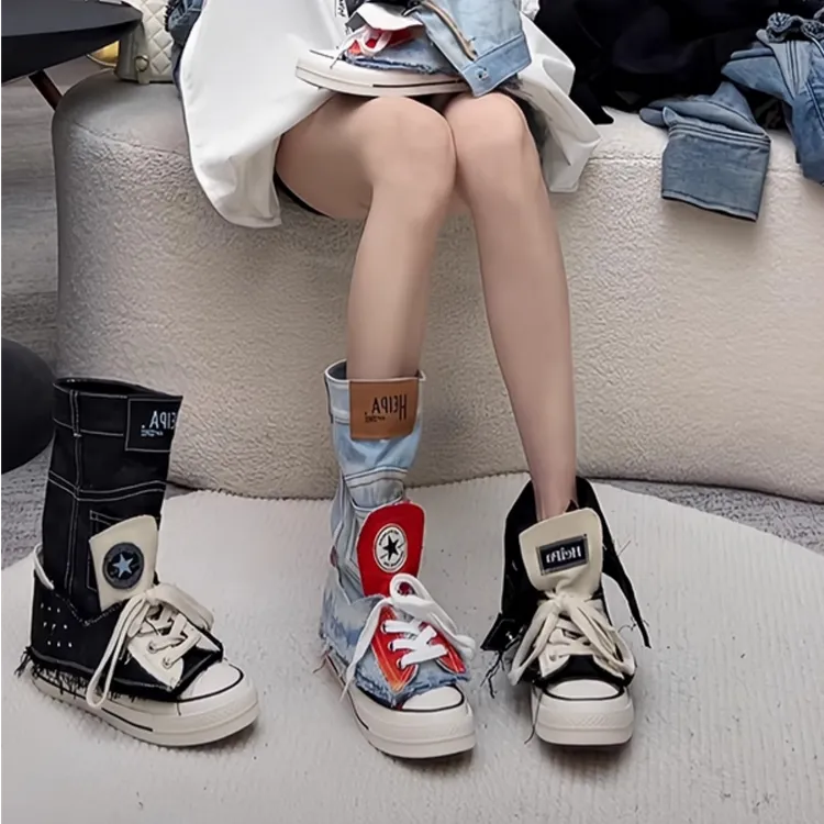 小众鸳鸯帆布板鞋女2025夏新款甜酷风内增高5cm舒适系带中筒凉靴