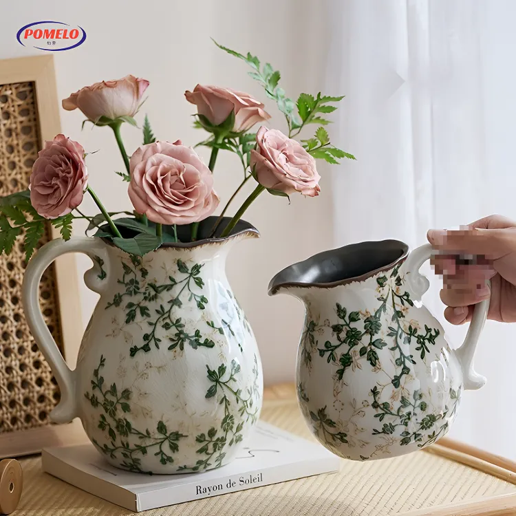 美式乡村冰裂奶壶陶瓷花瓶田园风水养插花装饰品复古创意手提花瓶