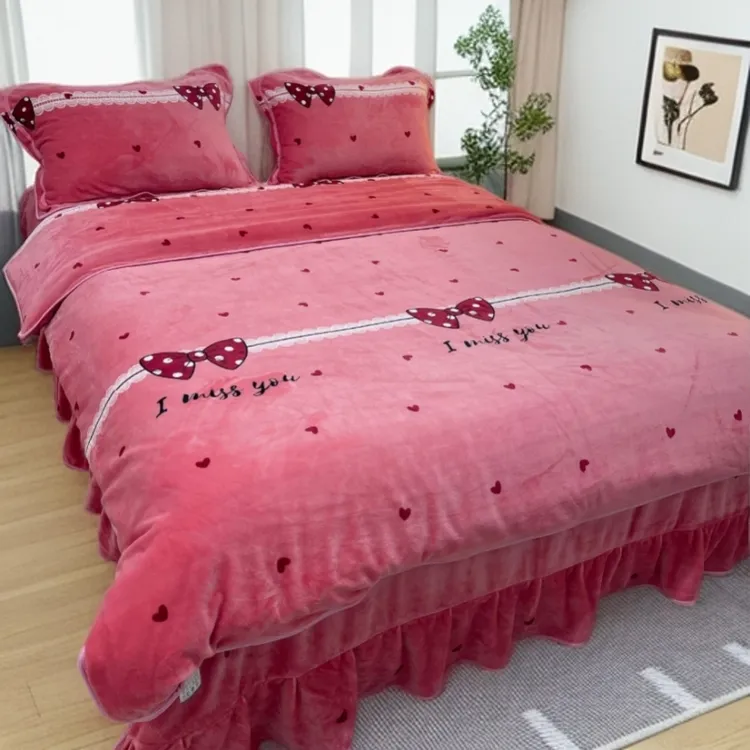 床裙款床上品加绒加厚防寒印花套件牛奶绒四件套冬季款双面绒被套