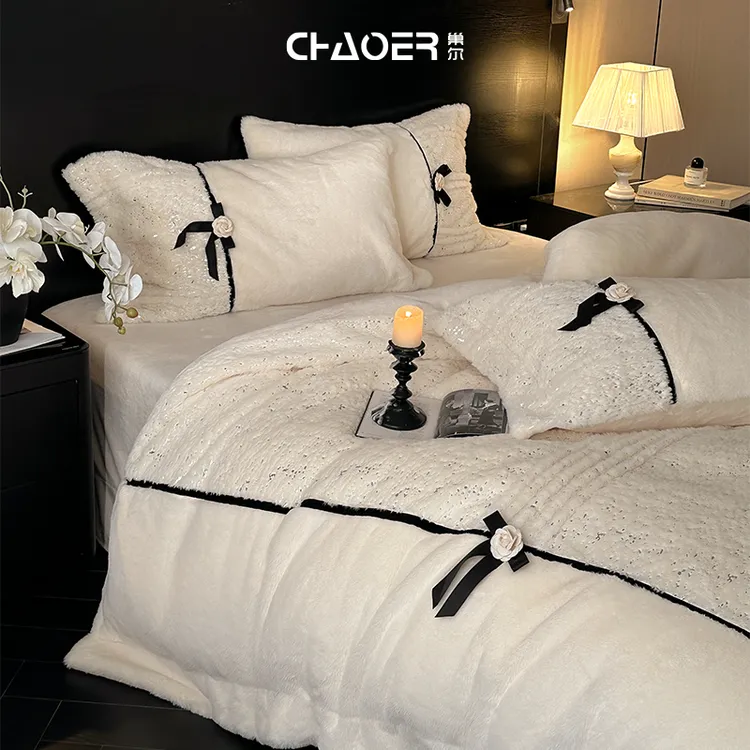 巢尔【星辰山茶】法式小香风山茶花蝴蝶牛奶绒被套双面绒床单四件套