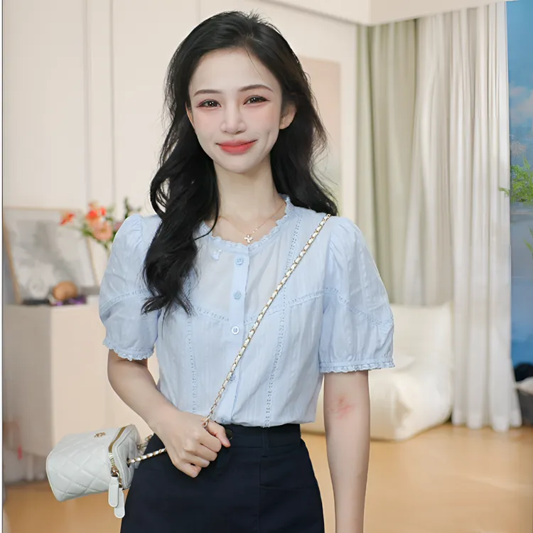 【流光风穿搭】茵曼夏季法式碎花衬衣印花荷叶边圆领短袖纯棉衬衫