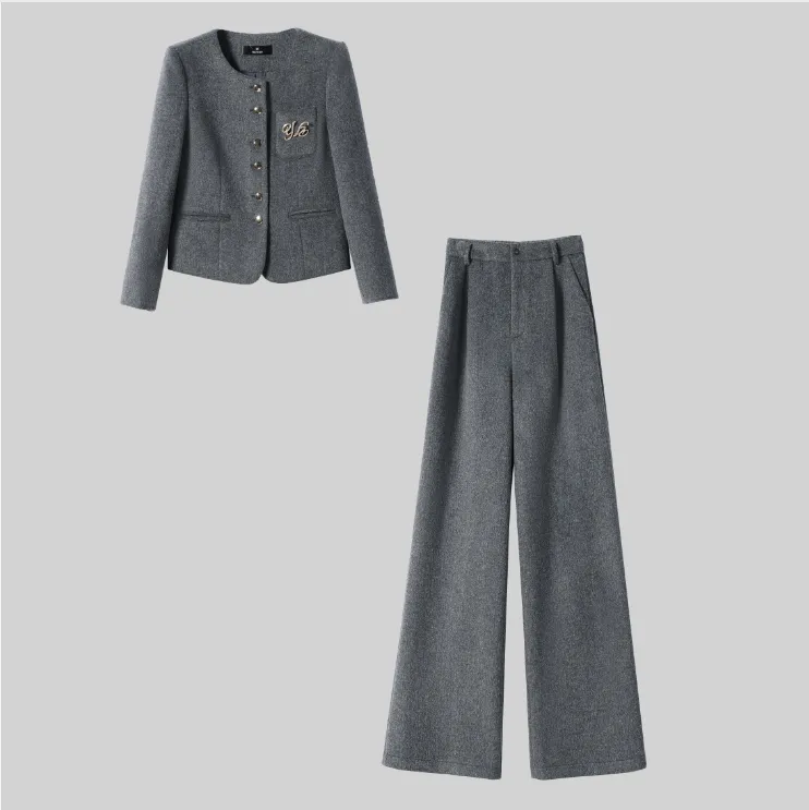 G215秋冬新款时尚高端气质名媛显瘦外套洋气上衣阔腿裤两件套