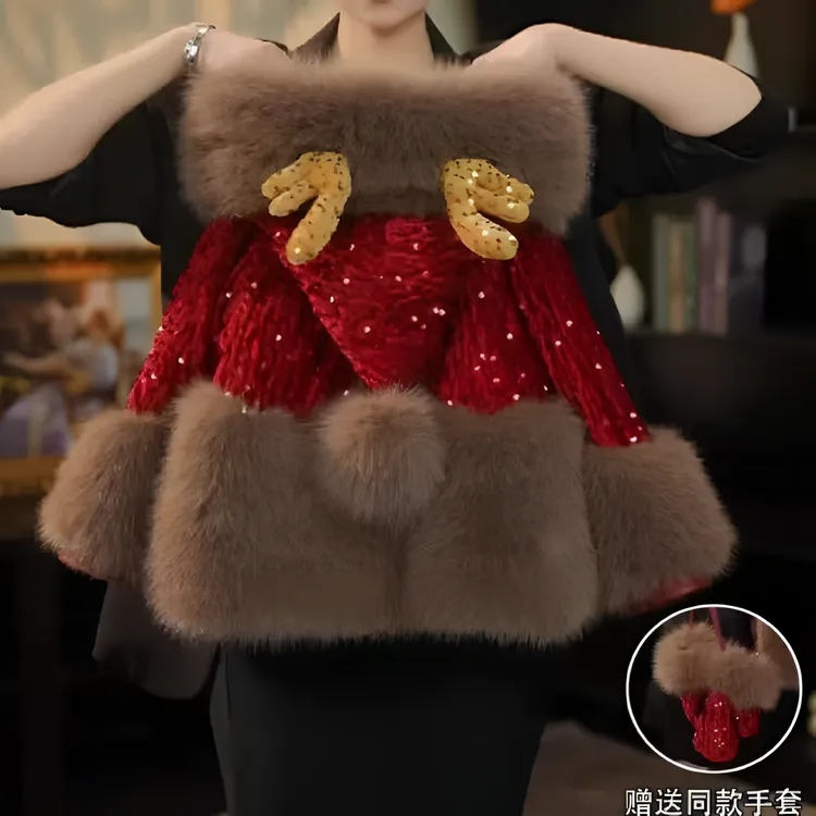 【拜年服外套送手套】女童毛毛外套2025冬装新款女宝宝加绒加厚洋气