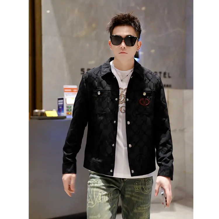 2025春季男士新款轻奢提花休闲翻领修身刺绣夹克成熟痞帅潮流外套