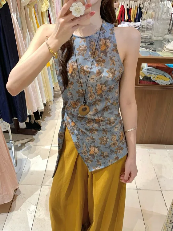 2025夏季新款女时尚显瘦新中式国风印花无袖上衣休闲高腰阔腿长裤