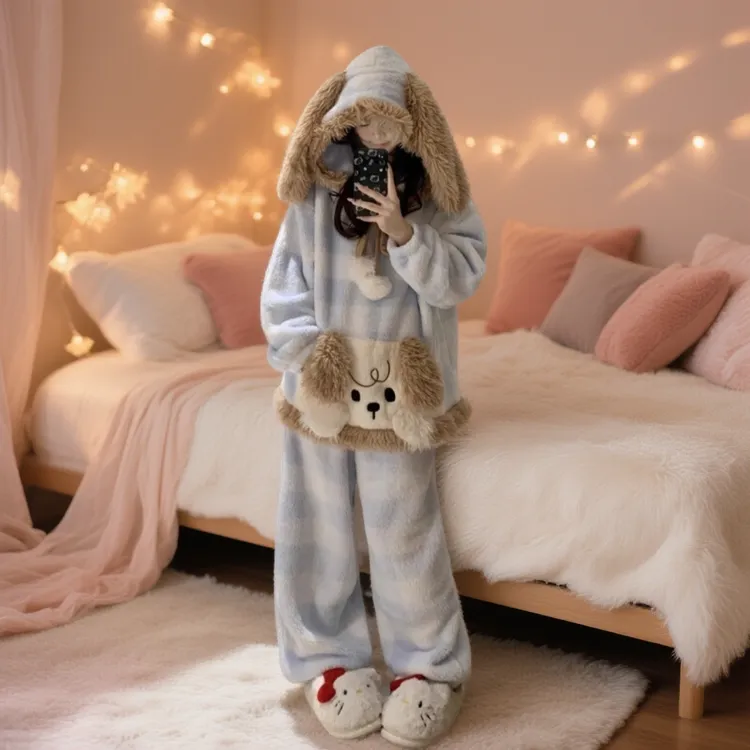 可爱小狗卡通连帽珊瑚绒睡衣女家居服加绒加厚保暖居家服套装学生