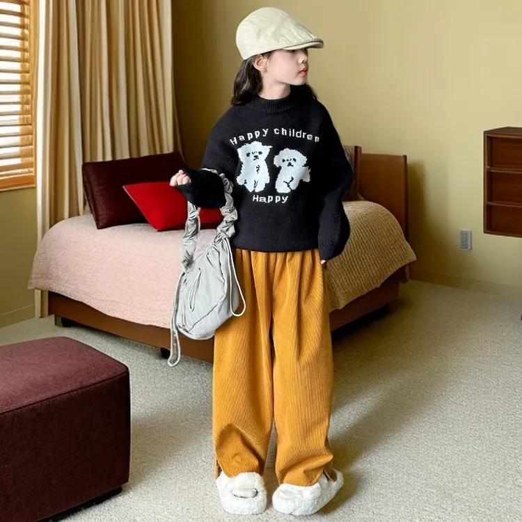 女童套装秋冬2025新款中大童秋季卡通毛衣女孩休闲灯芯绒裤两件套